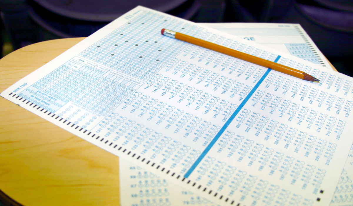 blank scantron form, with a pencil