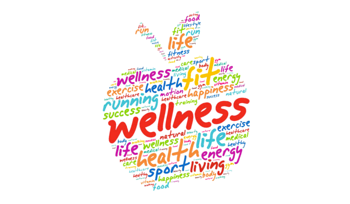 Apple-shaped word cloud of health and wellness concepts