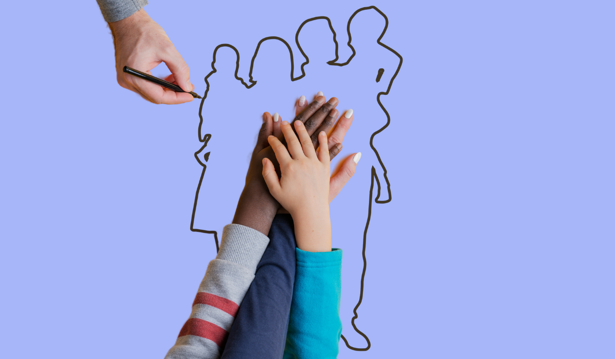 an outline of a family with multicolored hands being held on top of the drawing