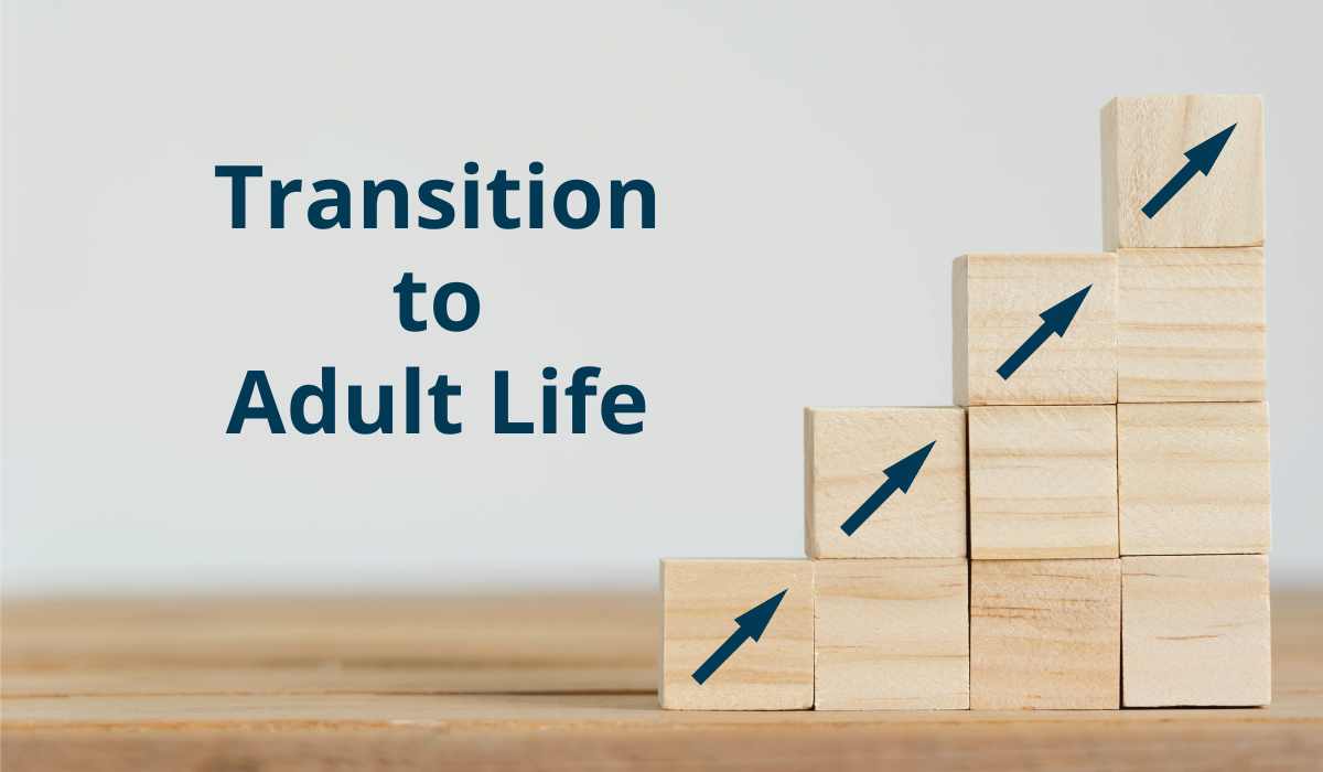 a set of blocks with arrows going up and text that reads Transition to Adult Life